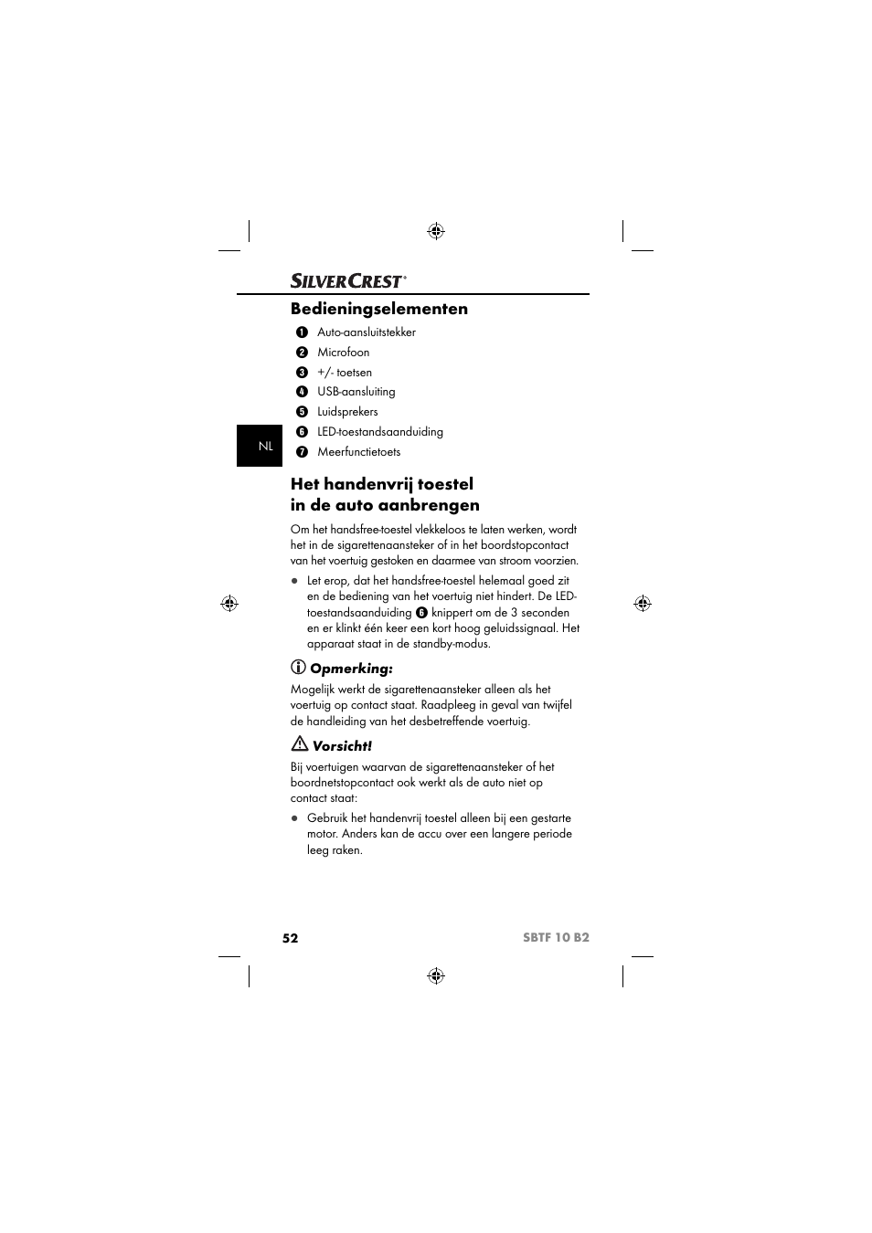 Bedieningselementen, Het handenvrij toestel in de auto aanbrengen | Silvercrest SBTF 10 B2 User Manual | Page 55 / 80