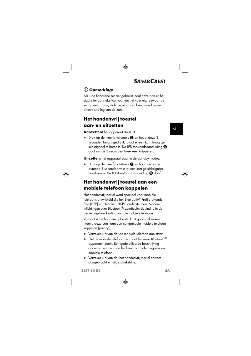 Het handenvrij toestel aan- en uitzetten, Opmerking | Silvercrest SBTF 10 B2 User Manual | Page 56 / 80
