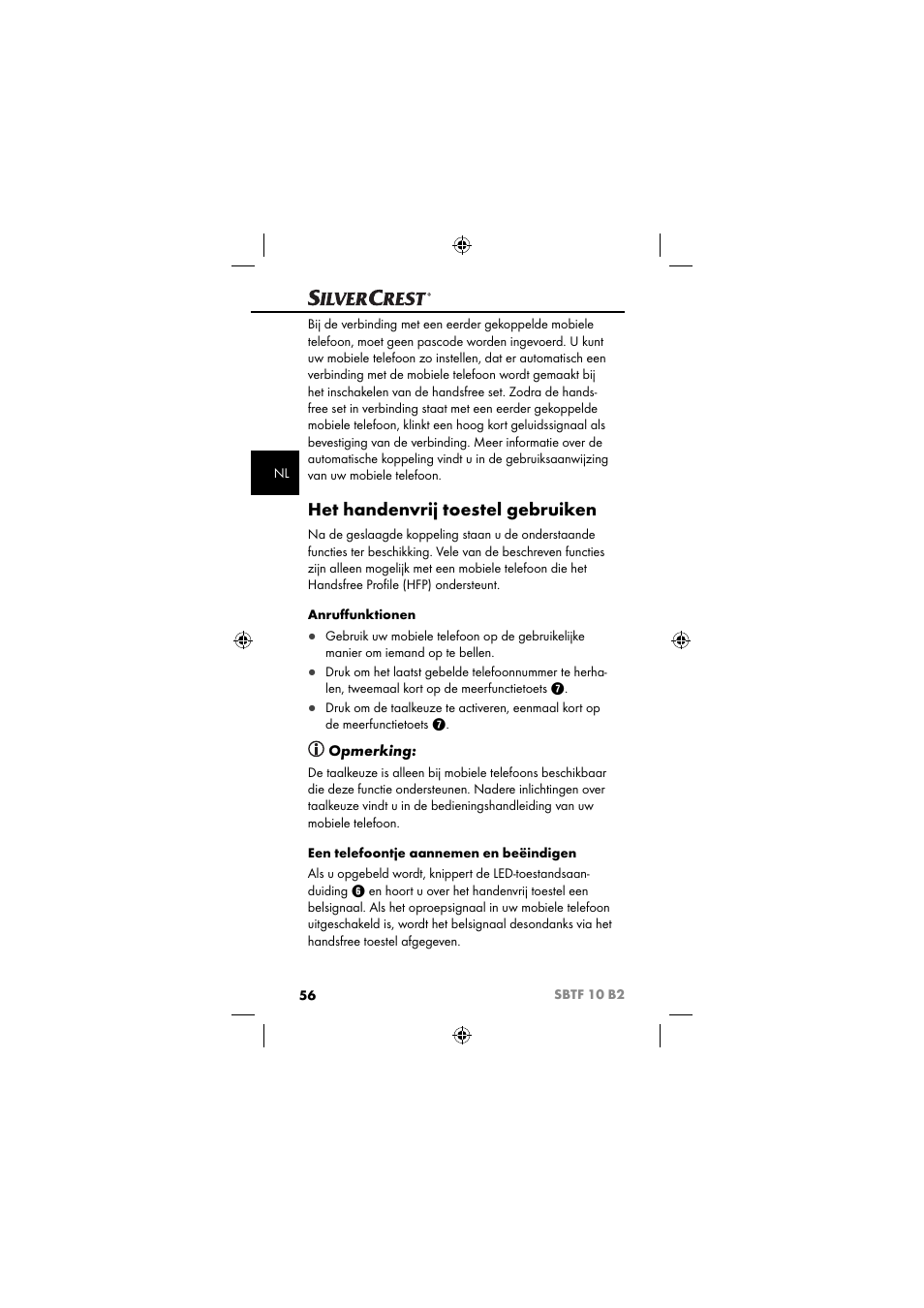 Het handenvrij toestel gebruiken, Opmerking | Silvercrest SBTF 10 B2 User Manual | Page 59 / 80