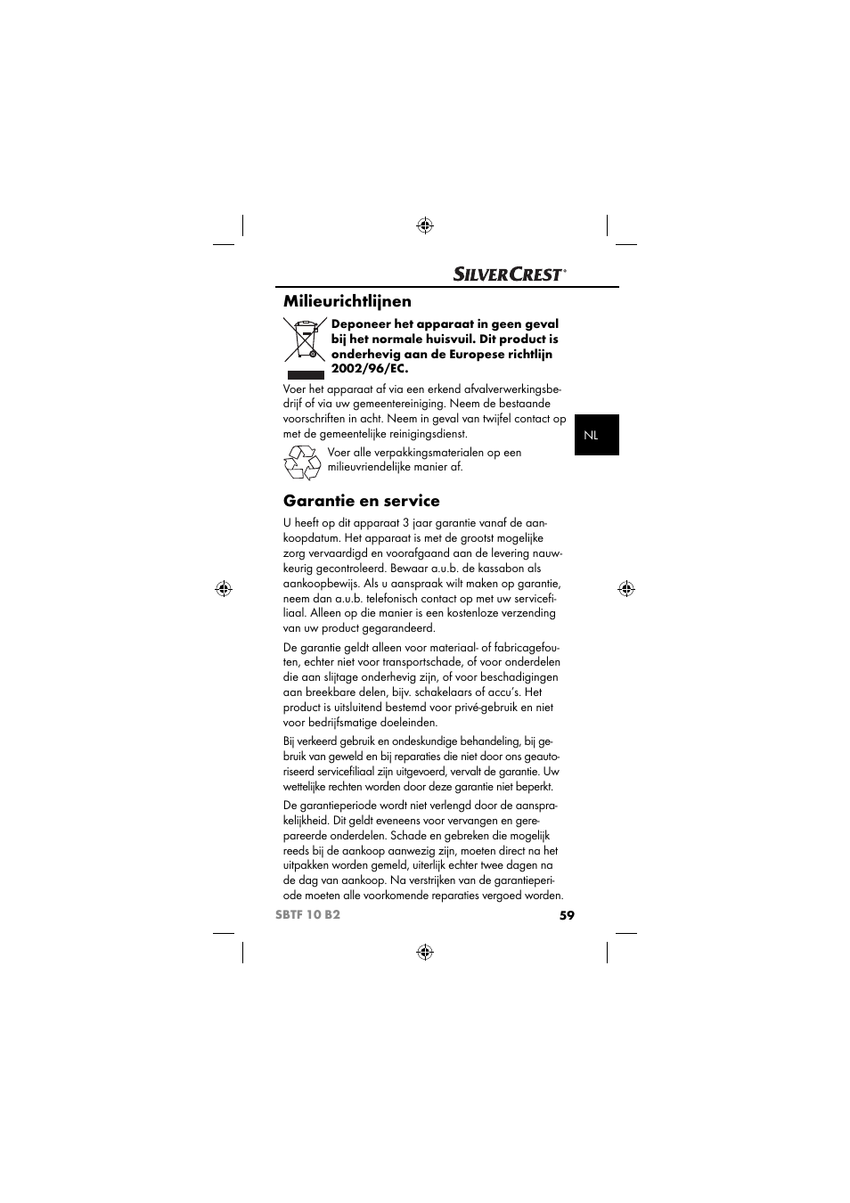 Milieurichtlijnen, Garantie en service | Silvercrest SBTF 10 B2 User Manual | Page 62 / 80