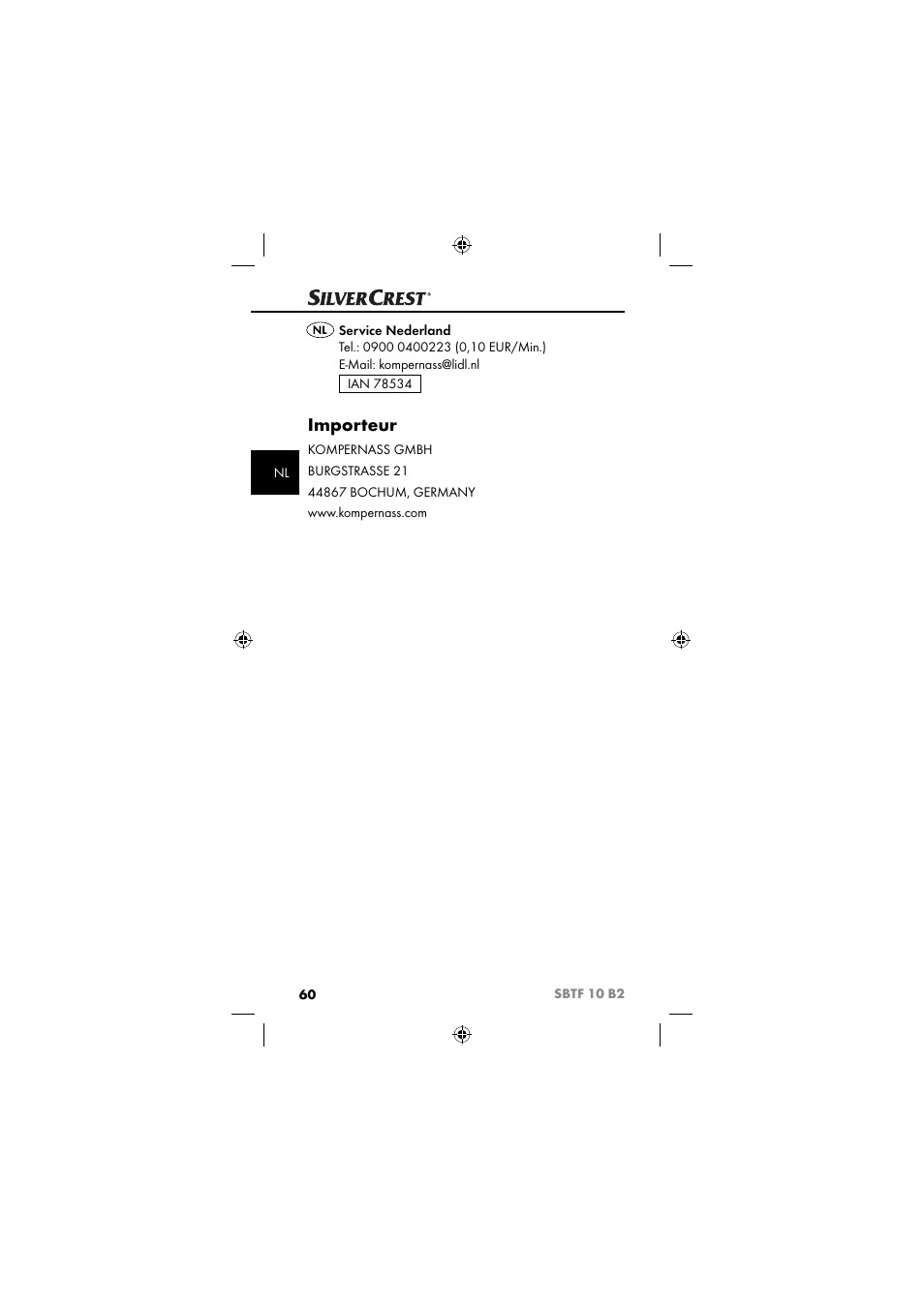 Importeur | Silvercrest SBTF 10 B2 User Manual | Page 63 / 80
