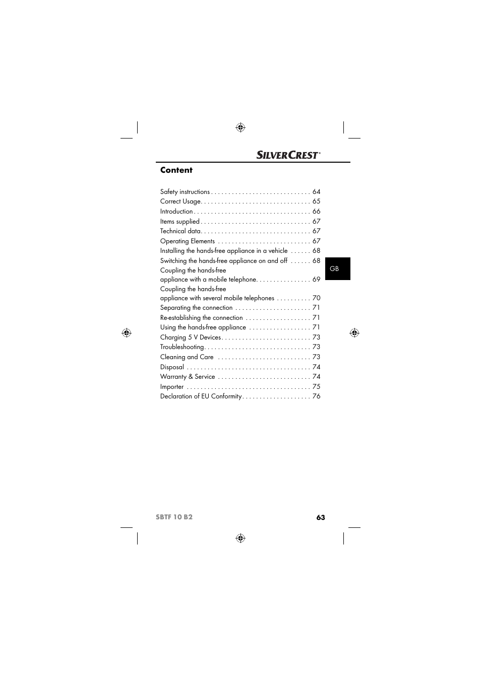 Content | Silvercrest SBTF 10 B2 User Manual | Page 66 / 80