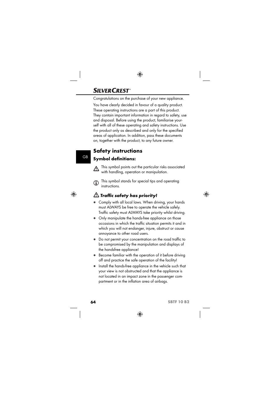 Safety instructions, Symbol deﬁ nitions, Traﬃ c safety has priority | Silvercrest SBTF 10 B2 User Manual | Page 67 / 80