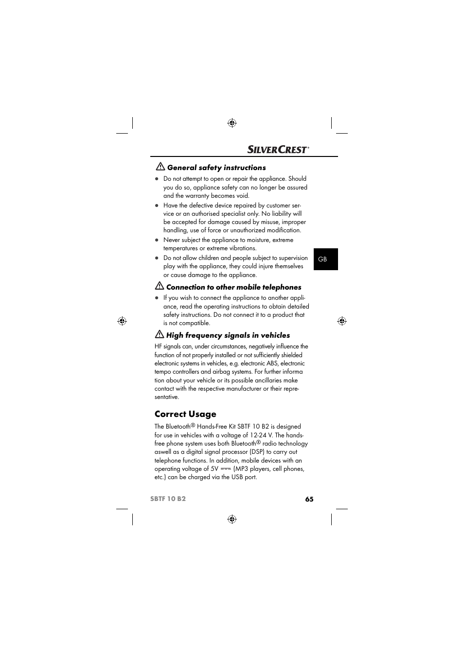 Correct usage | Silvercrest SBTF 10 B2 User Manual | Page 68 / 80