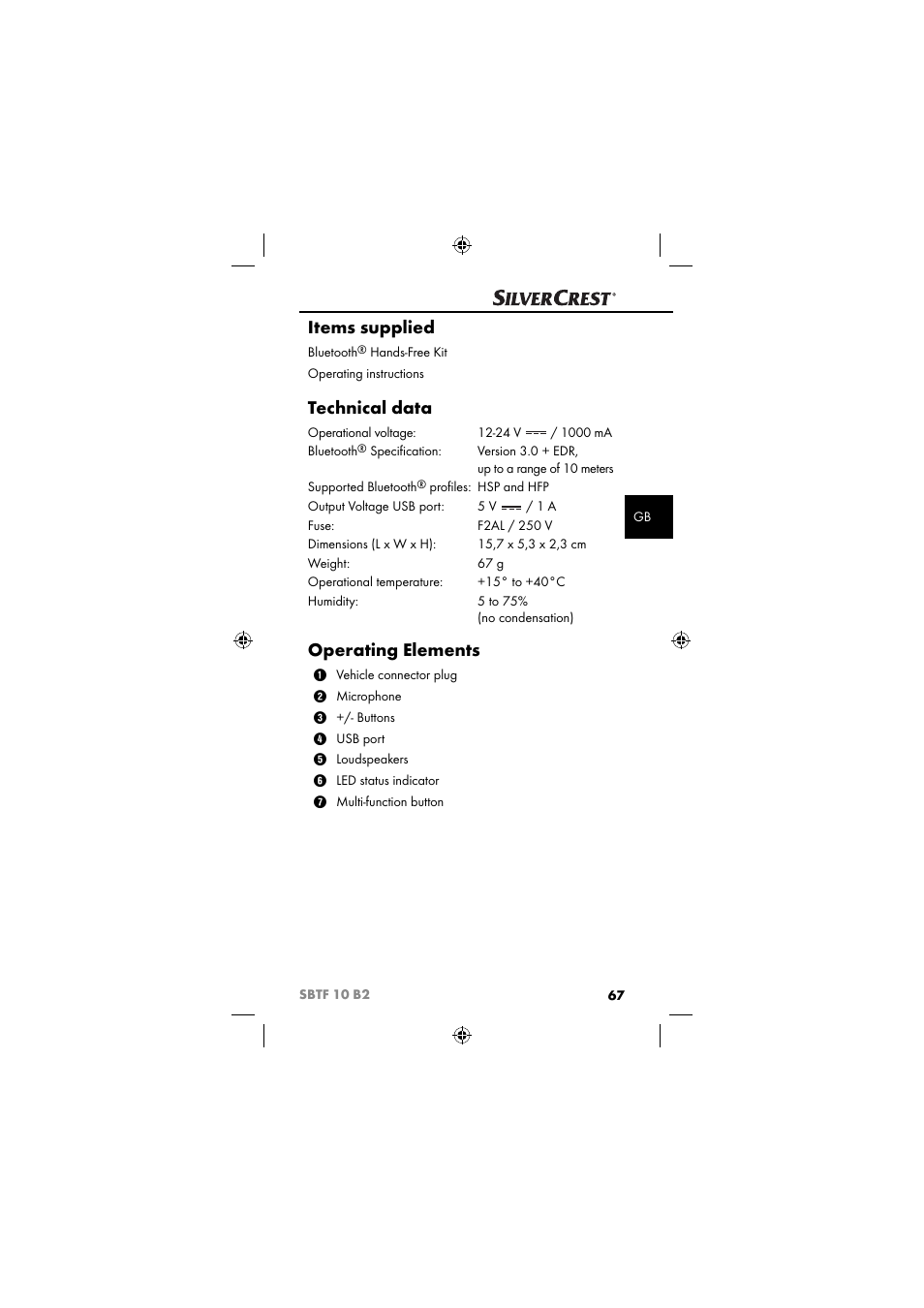 Items supplied, Technical data, Operating elements | Silvercrest SBTF 10 B2 User Manual | Page 70 / 80