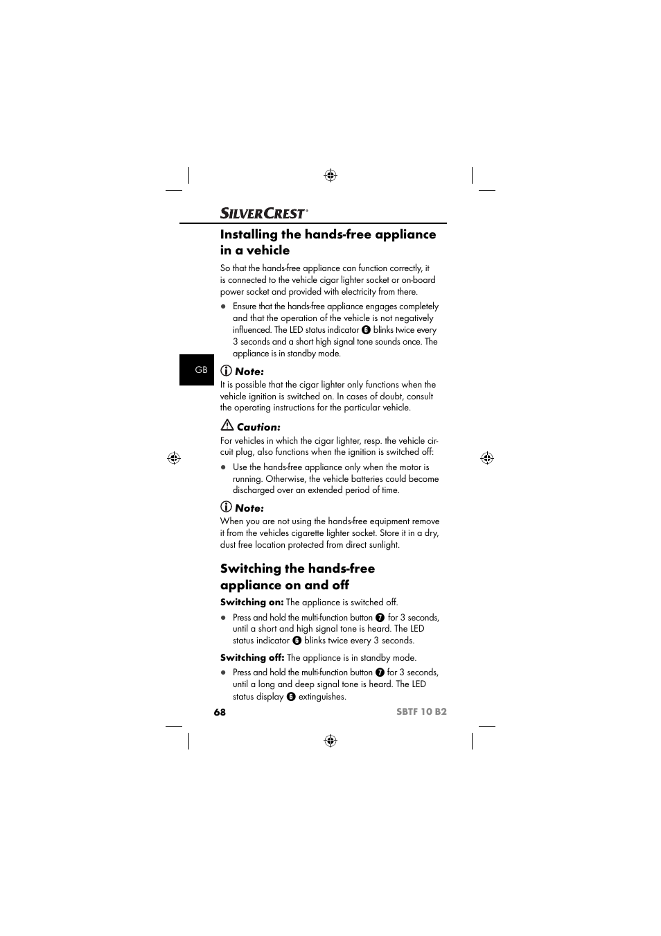 Installing the hands-free appliance in a vehicle, Switching the hands-free appliance on and oﬀ | Silvercrest SBTF 10 B2 User Manual | Page 71 / 80