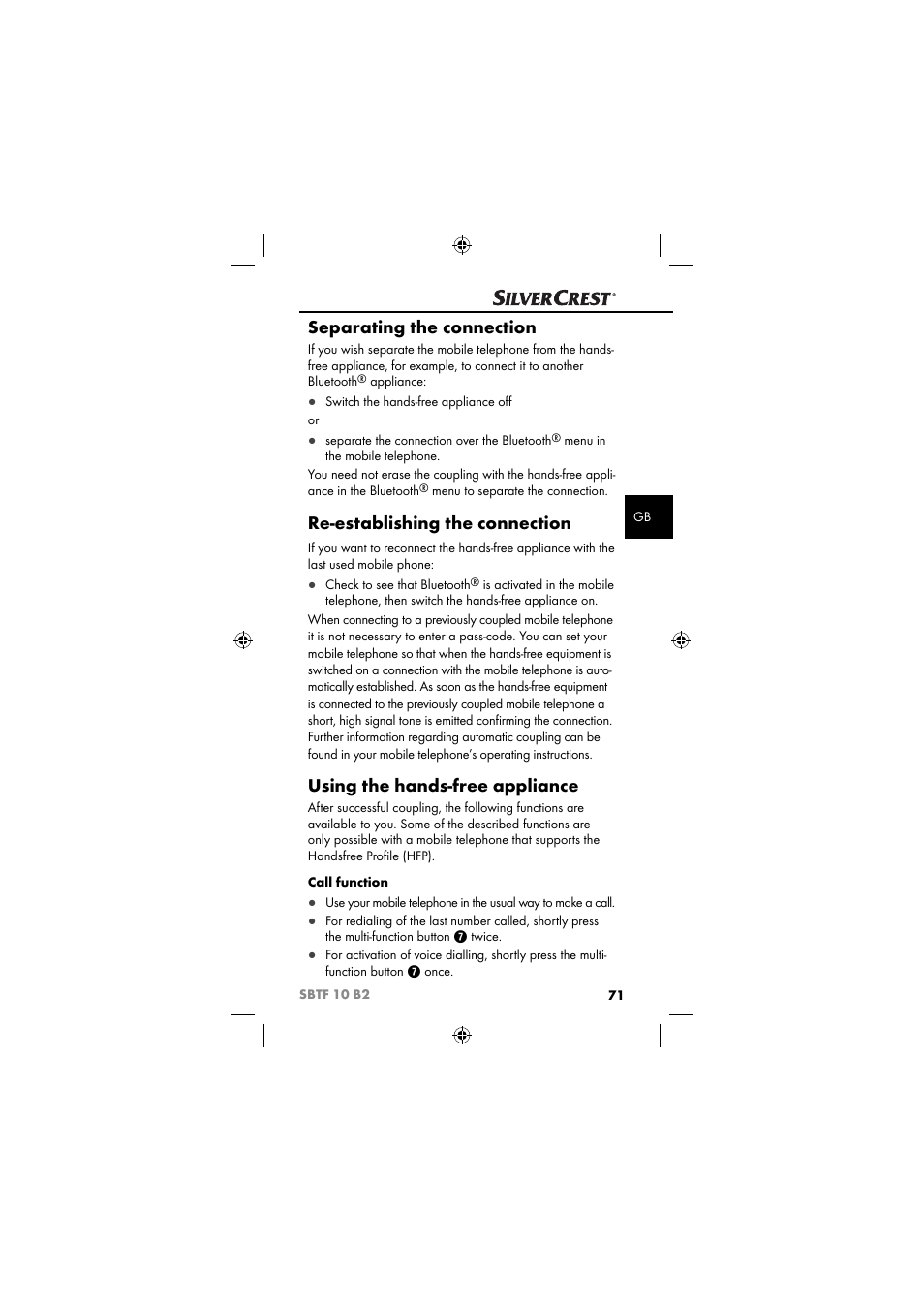 Separating the connection, Re-establishing the connection, Using the hands-free appliance | Silvercrest SBTF 10 B2 User Manual | Page 74 / 80