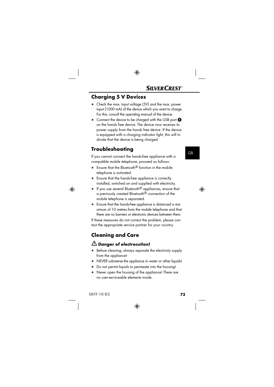 Charging 5 v devices, Troubleshooting, Cleaning and care | Silvercrest SBTF 10 B2 User Manual | Page 76 / 80