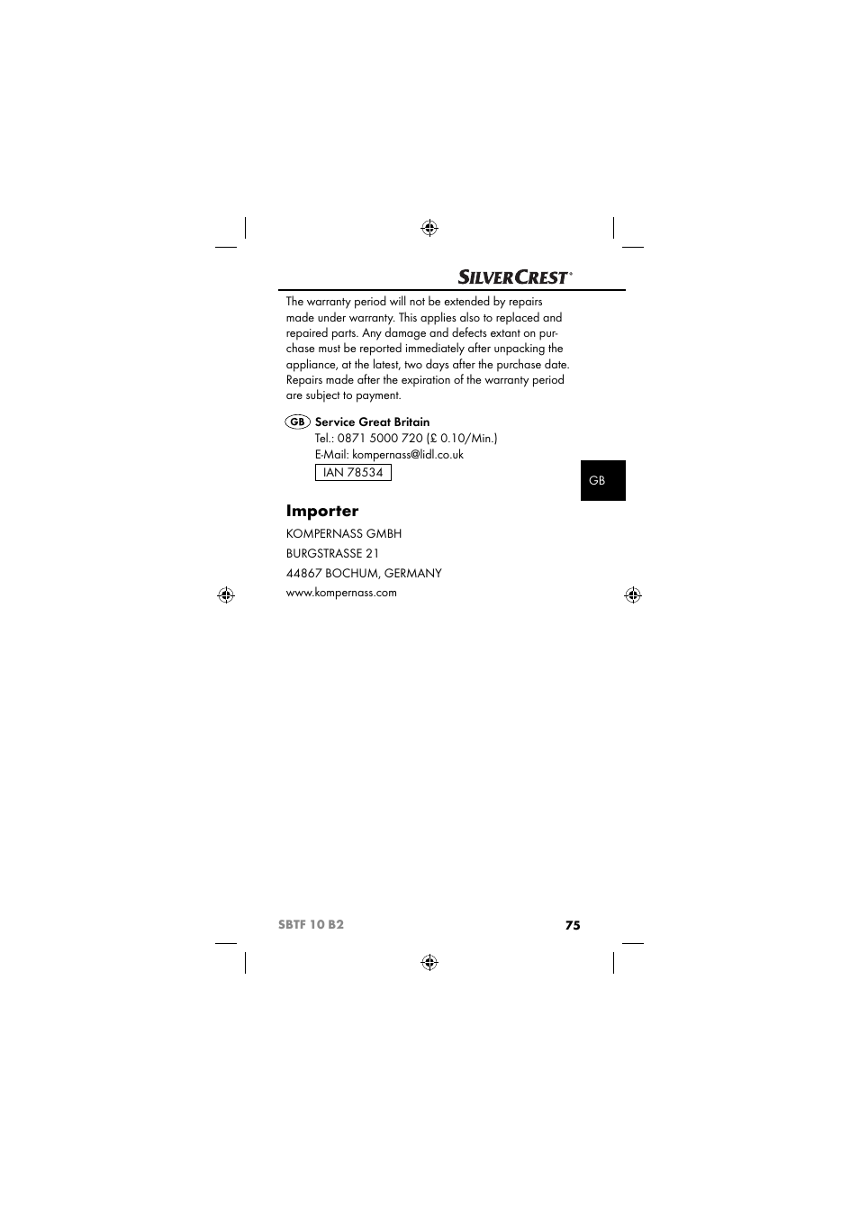 Importer | Silvercrest SBTF 10 B2 User Manual | Page 78 / 80
