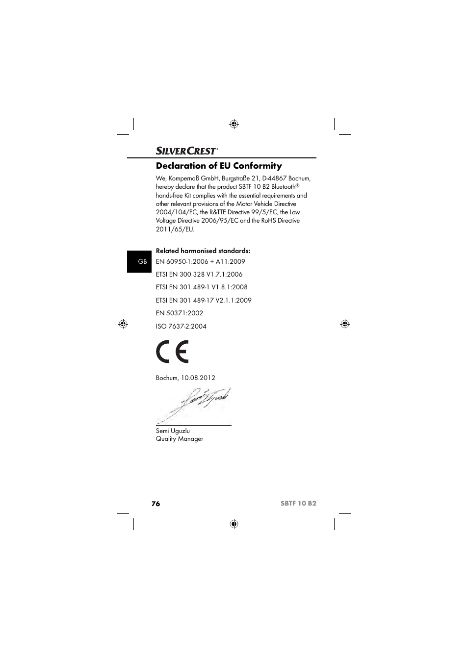 Declaration of eu conformity | Silvercrest SBTF 10 B2 User Manual | Page 79 / 80