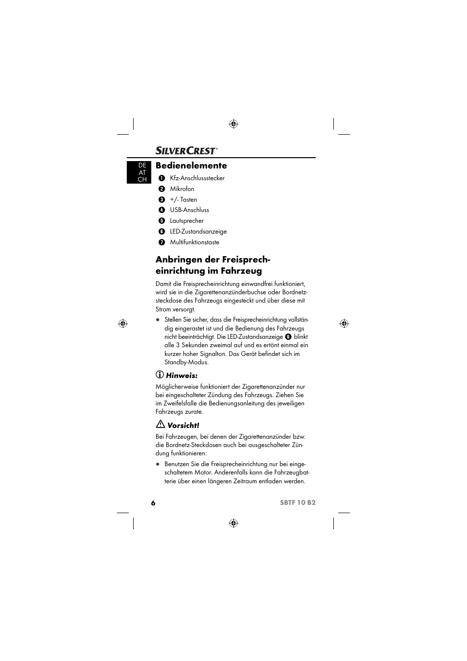 Bedienelemente, Anbringen der freisprech- einrichtung im fahrzeug | Silvercrest SBTF 10 B2 User Manual | Page 9 / 80