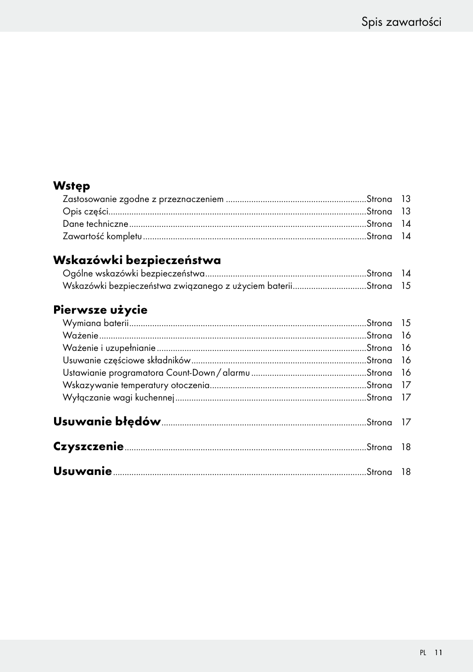 Spis zawartości, Wstęp, Wskazówki bezpieczeństwa | Pierwsze użycie, Usuwanie błędów, Czyszczenie, Usuwanie | Silvercrest H14271 User Manual | Page 11 / 67