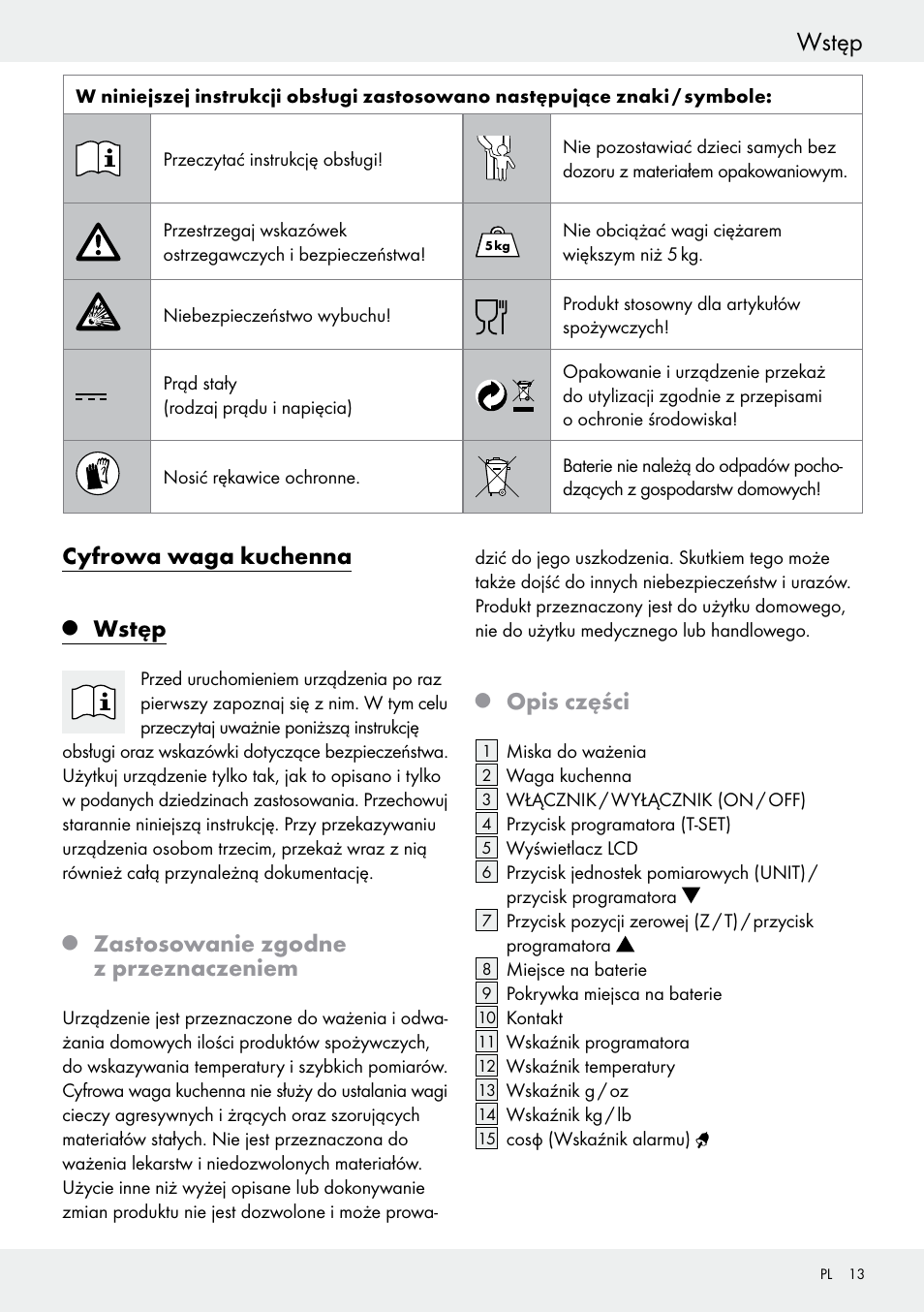 Wstęp, Cyfrowa waga kuchenna, Zastosowanie zgodne z przeznaczeniem | Opis części | Silvercrest H14271 User Manual | Page 13 / 67