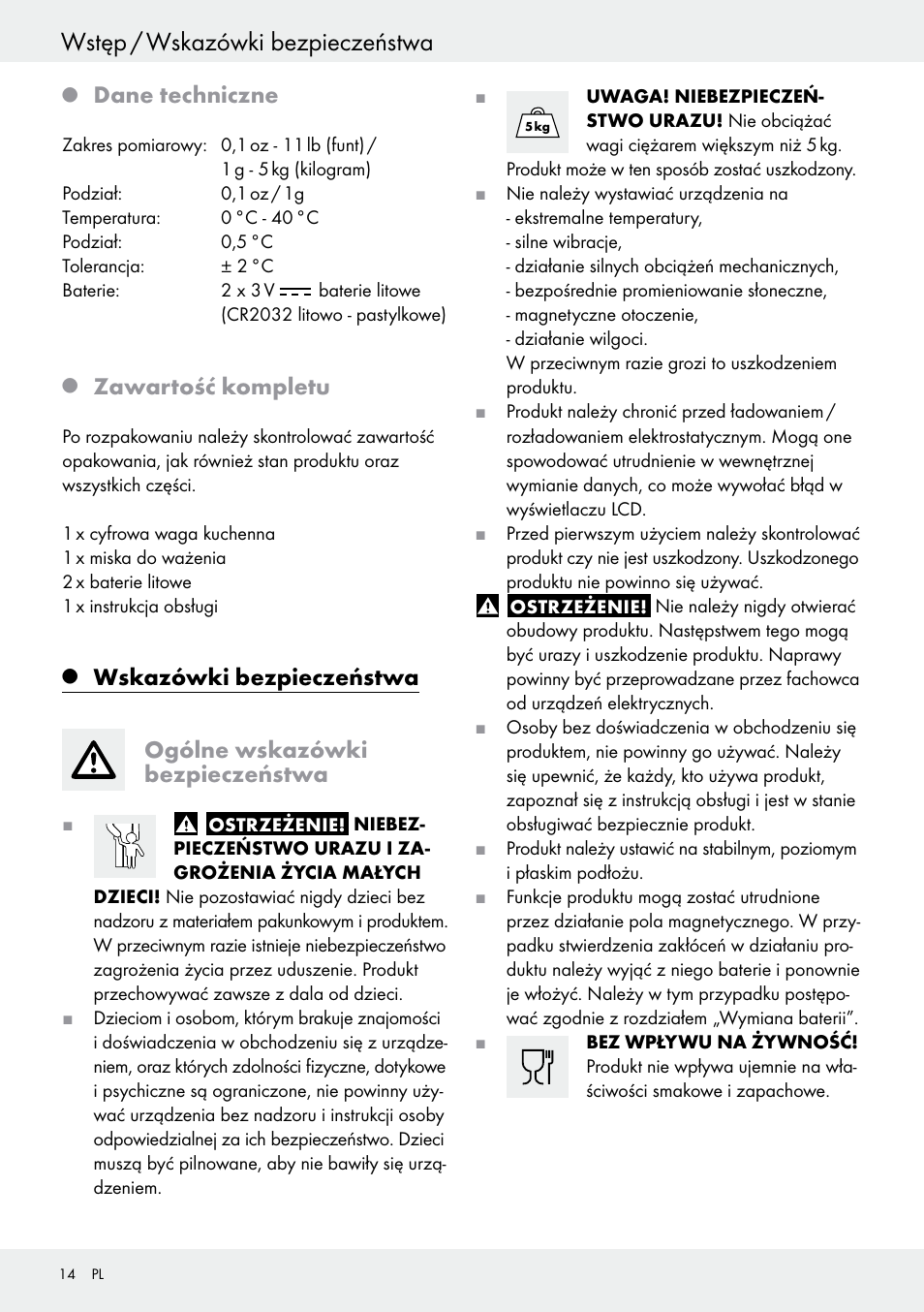 Wstęp / wskazówki bezpieczeństwa, Dane techniczne, Zawartość kompletu | Silvercrest H14271 User Manual | Page 14 / 67
