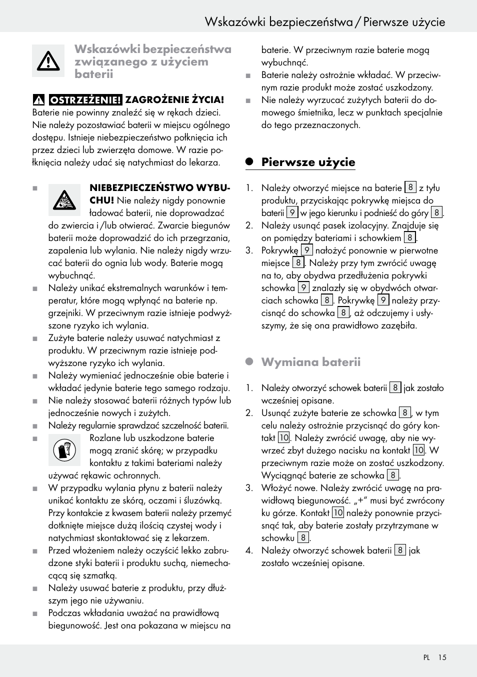 Wskazówki bezpieczeństwa / pierwsze użycie, Pierwsze użycie, Wymiana baterii | Silvercrest H14271 User Manual | Page 15 / 67