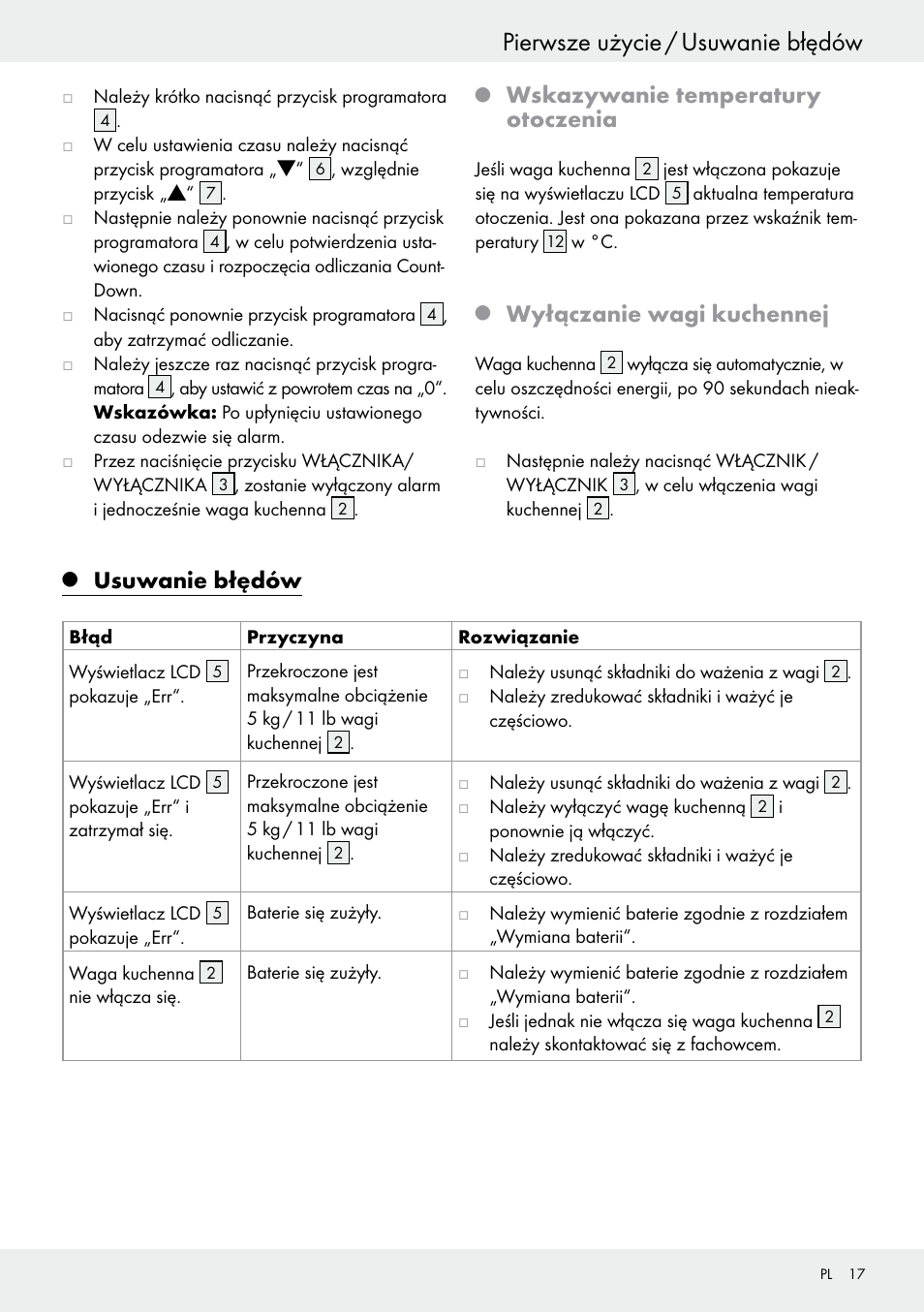 Pierwsze użycie / usuwanie błędów, Wskazywanie temperatury otoczenia, Wyłączanie wagi kuchennej | Usuwanie błędów | Silvercrest H14271 User Manual | Page 17 / 67