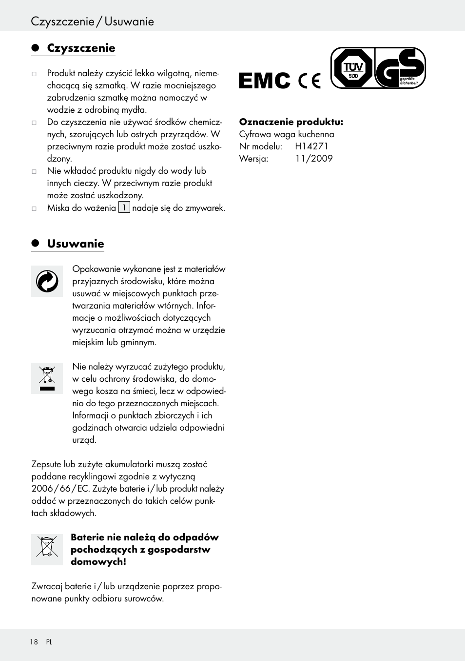 Czyszczenie / usuwanie, Czyszczenie, Usuwanie | Silvercrest H14271 User Manual | Page 18 / 67