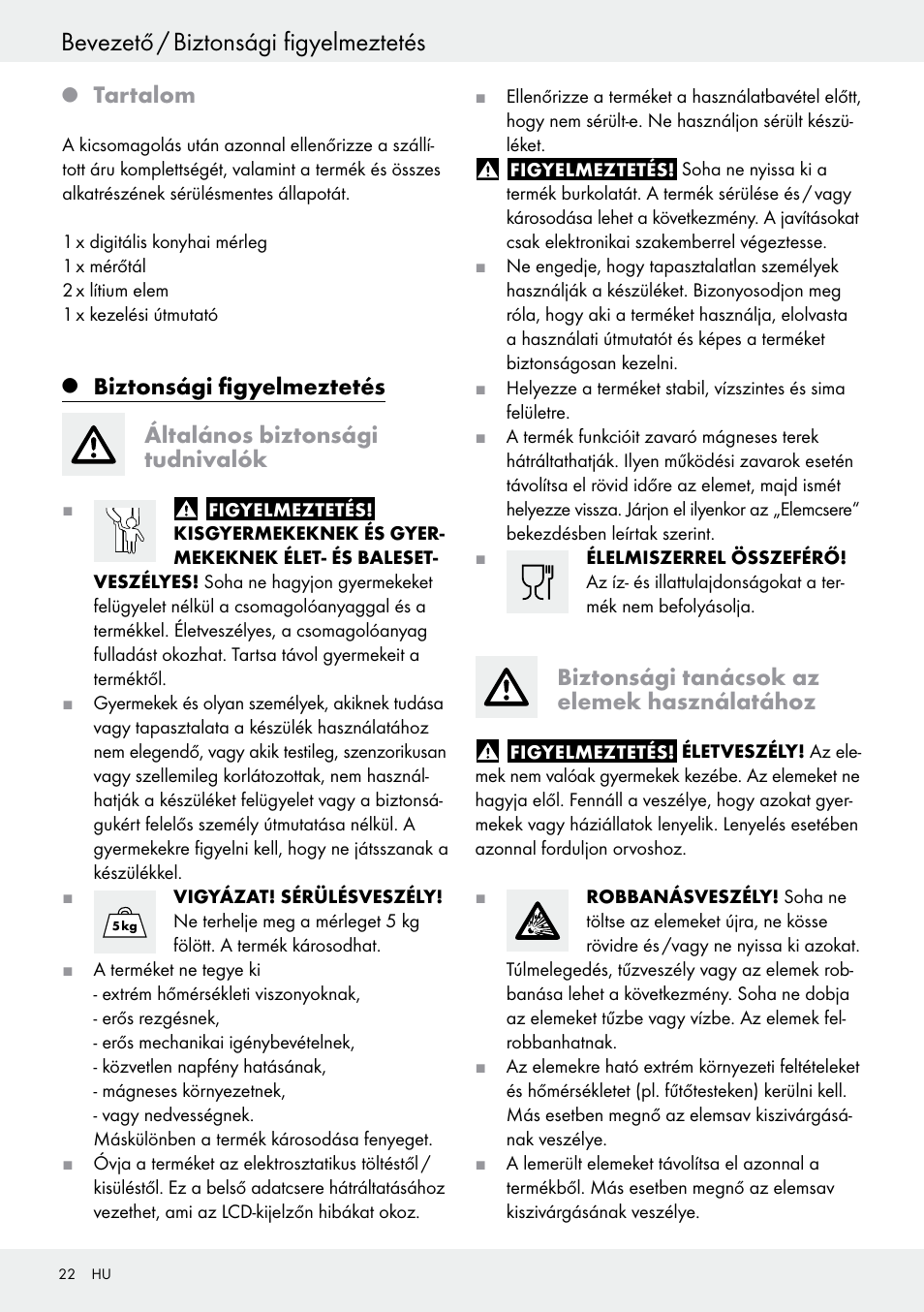 Bevezető / biztonsági figyelmeztetés, Tartalom, Biztonsági tanácsok az elemek használatához | Silvercrest H14271 User Manual | Page 22 / 67