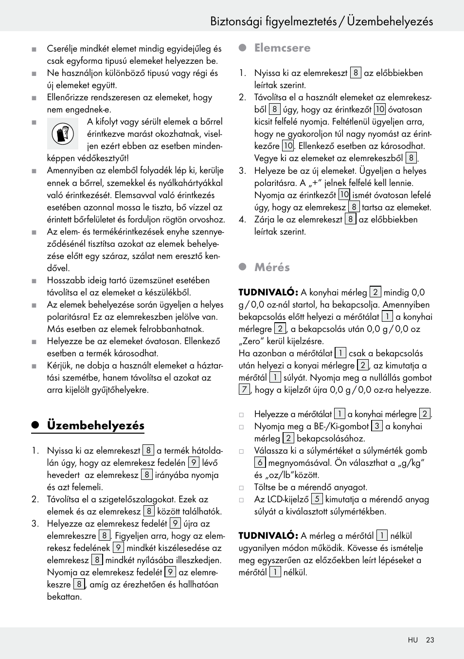 Biztonsági figyelmeztetés / üzembehelyezés, Üzembehelyezés, Elemcsere | Mérés | Silvercrest H14271 User Manual | Page 23 / 67