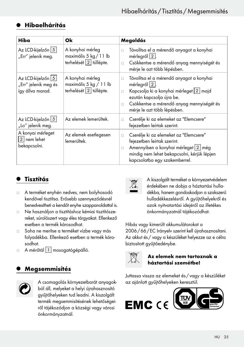 Hibaelhárítás / tisztítás / megsemmisítés, Hibaelhárítás, Tisztítás | Megsemmisítés | Silvercrest H14271 User Manual | Page 25 / 67