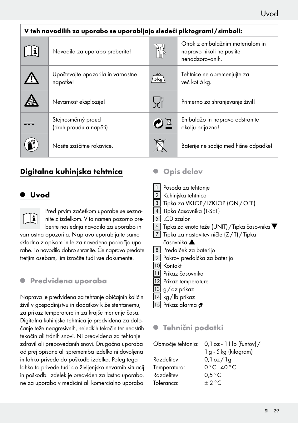 Uvod, Digitalna kuhinjska tehtnica, Predvidena uporaba | Opis delov, Tehnični podatki | Silvercrest H14271 User Manual | Page 29 / 67