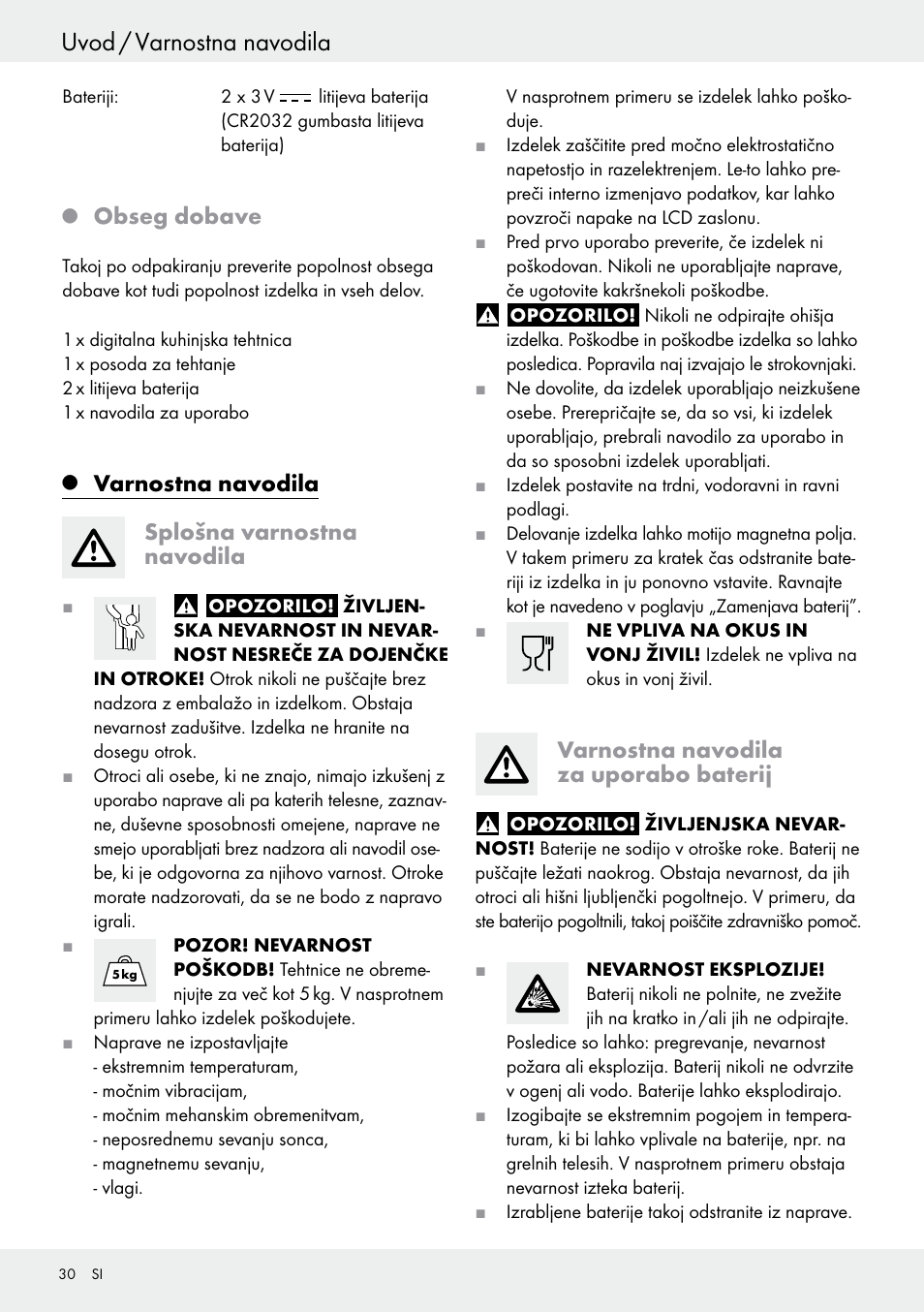 Uvod / varnostna navodila, Obseg dobave, Varnostna navodila splošna varnostna navodila | Varnostna navodila za uporabo baterij | Silvercrest H14271 User Manual | Page 30 / 67