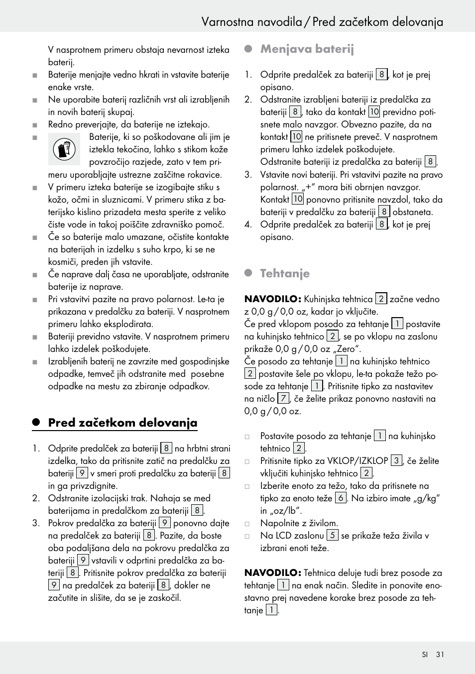 Varnostna navodila / pred začetkom delovanja, Pred začetkom delovanja, Menjava baterij | Tehtanje | Silvercrest H14271 User Manual | Page 31 / 67