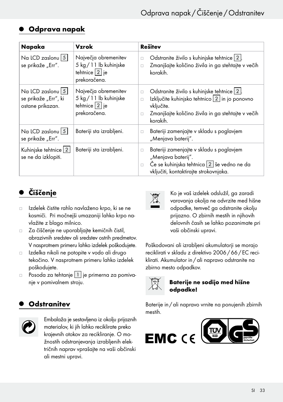 Odprava napak / čiščenje / odstranitev, Odprava napak, Čiščenje | Odstranitev | Silvercrest H14271 User Manual | Page 33 / 67