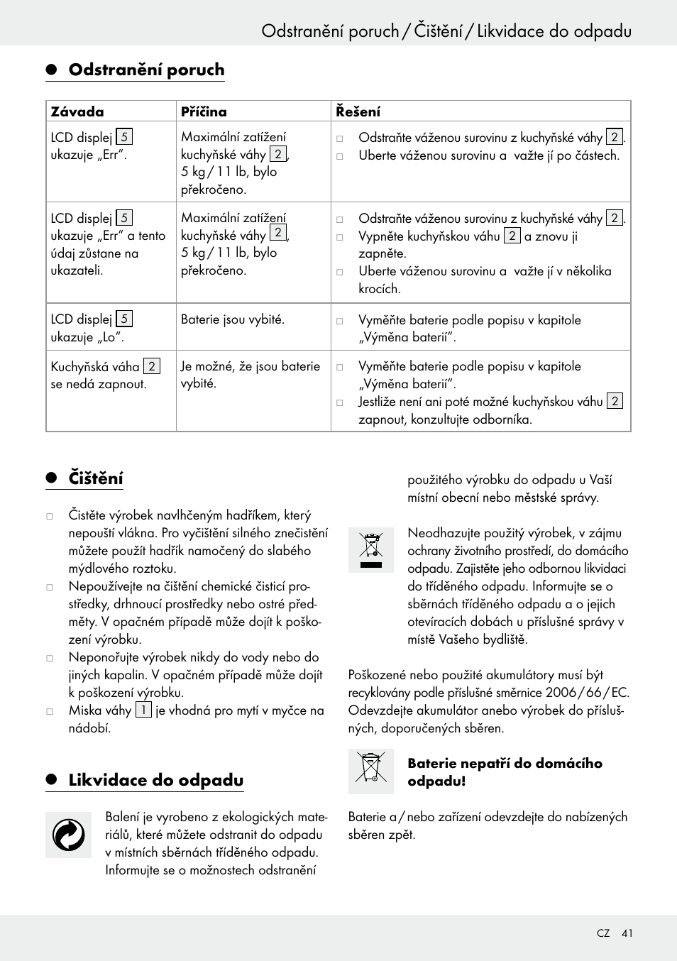 Odstranění poruch / čištění / likvidace do odpadu, Odstranění poruch, Čištění | Likvidace do odpadu | Silvercrest H14271 User Manual | Page 41 / 67