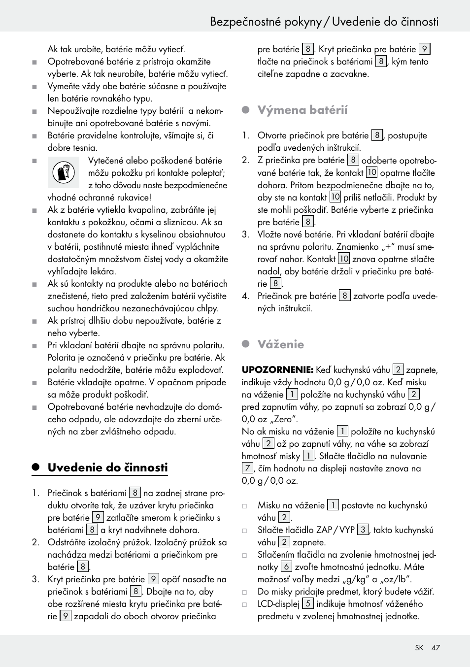 Bezpečnostné pokyny / uvedenie do činnosti, Uvedenie do činnosti, Výmena batérií | Váženie | Silvercrest H14271 User Manual | Page 47 / 67