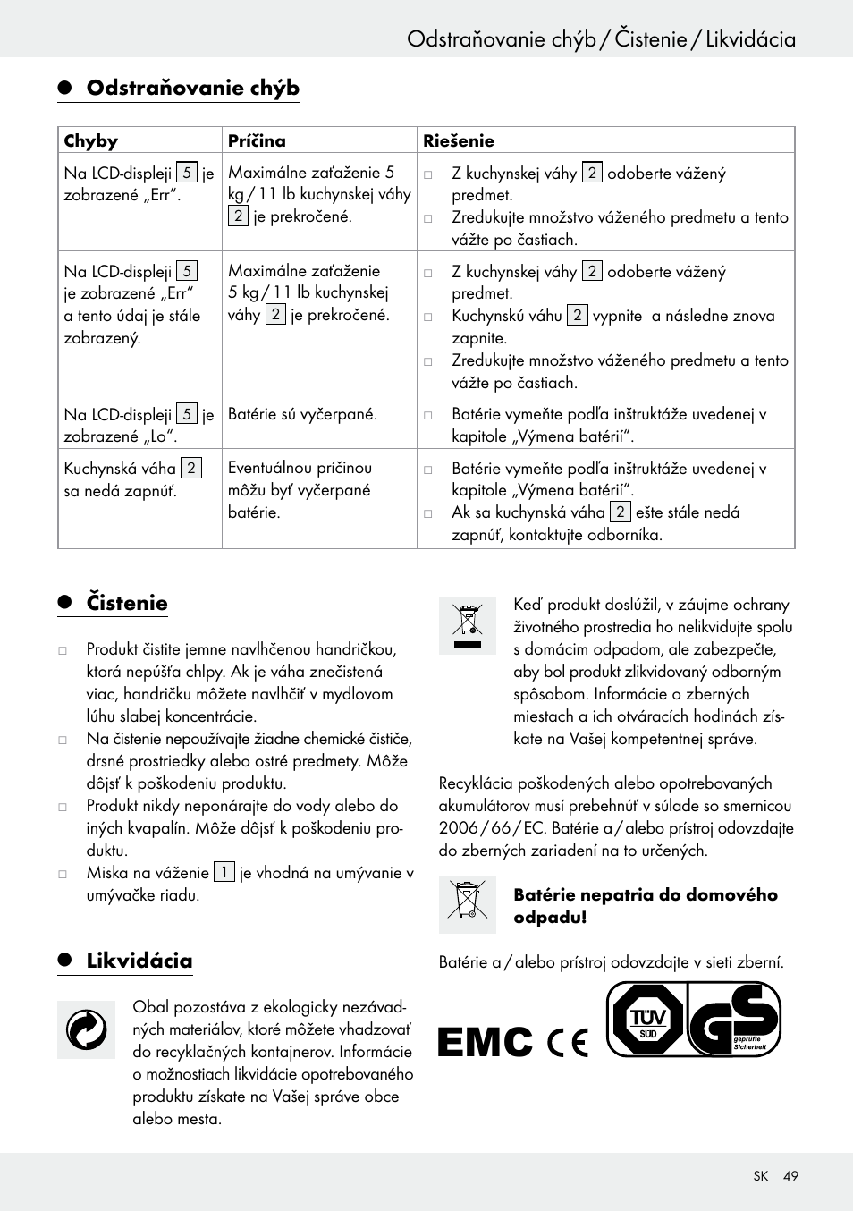 Odstraňovanie chýb / čistenie / likvidácia, Odstraňovanie chýb, Čistenie | Likvidácia | Silvercrest H14271 User Manual | Page 49 / 67