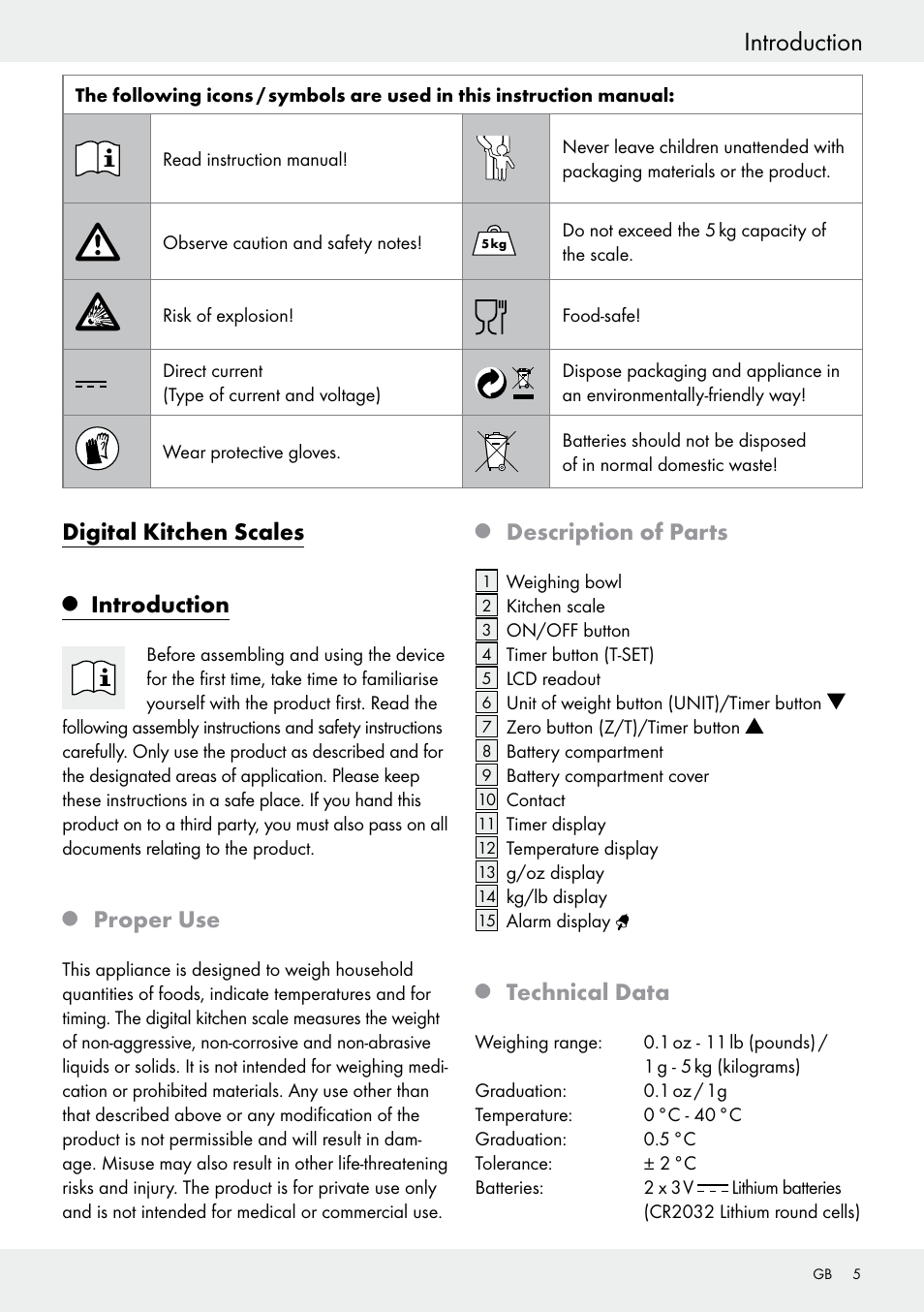 Introduction, Digital kitchen scales, Proper use | Description of parts, Technical data | Silvercrest H14271 User Manual | Page 5 / 67