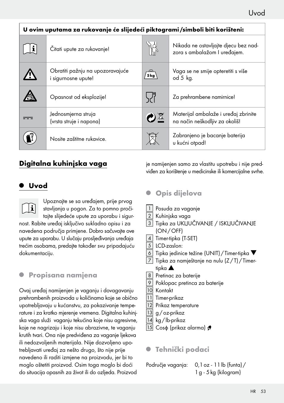 Uvod, Digitalna kuhinjska vaga, Propisana namjena | Opis dijelova, Tehnički podaci | Silvercrest H14271 User Manual | Page 53 / 67