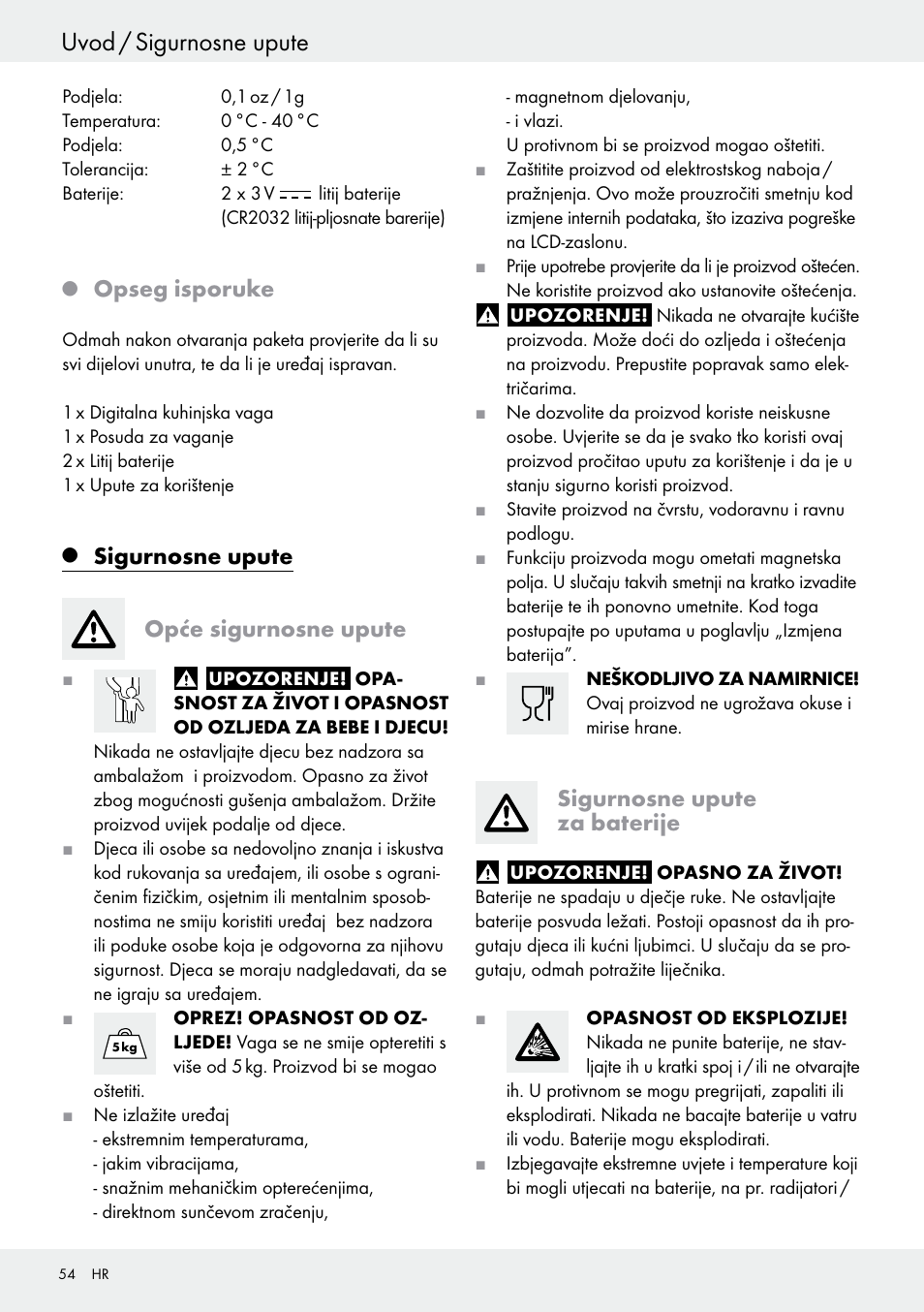 Uvod / sigurnosne upute, Opseg isporuke, Sigurnosne upute opće sigurnosne upute | Sigurnosne upute za baterije | Silvercrest H14271 User Manual | Page 54 / 67