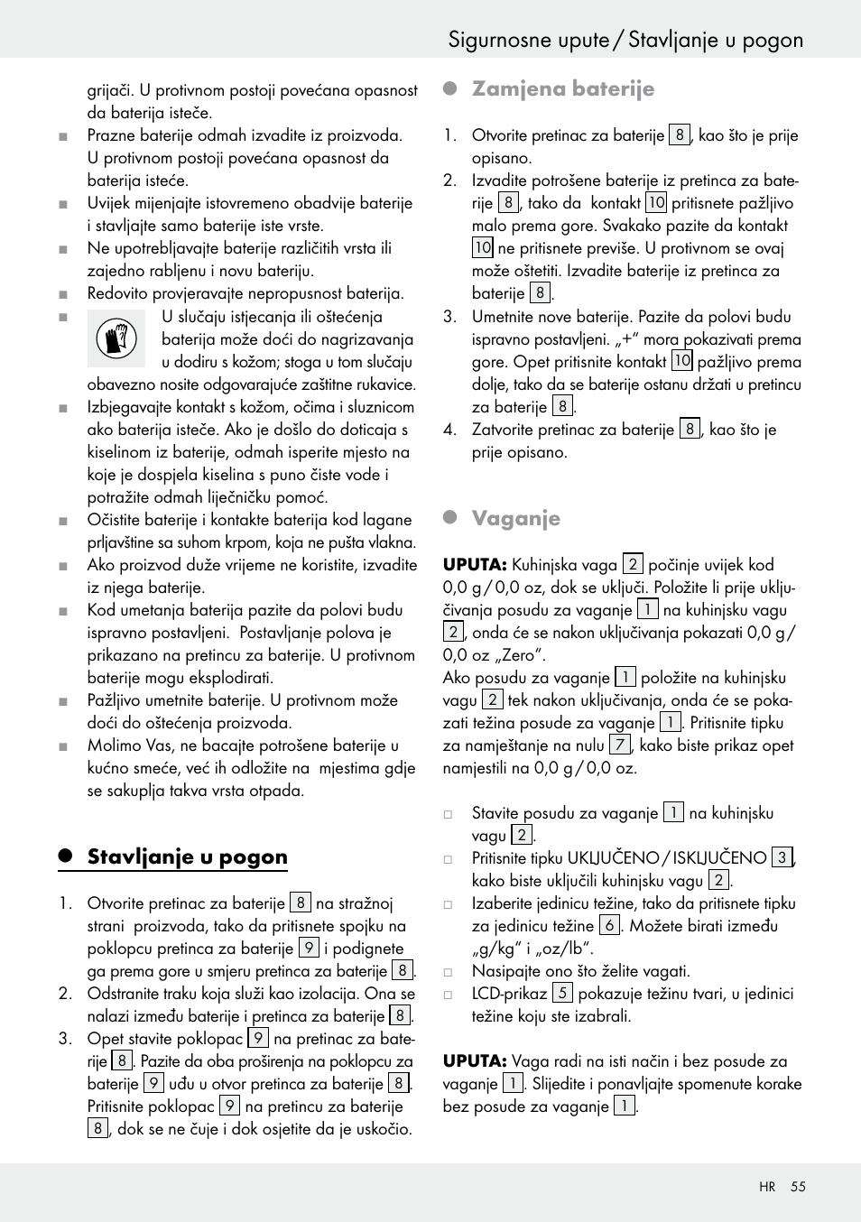 Sigurnosne upute / stavljanje u pogon, Stavljanje u pogon, Zamjena baterije | Vaganje | Silvercrest H14271 User Manual | Page 55 / 67