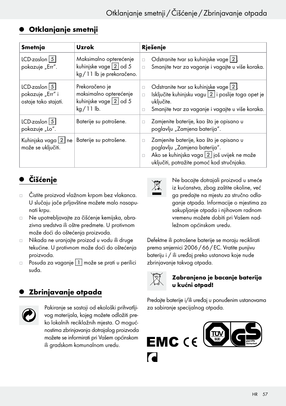 Otklanjanje smetnji, Čišćenje, Zbrinjavanje otpada | Silvercrest H14271 User Manual | Page 57 / 67