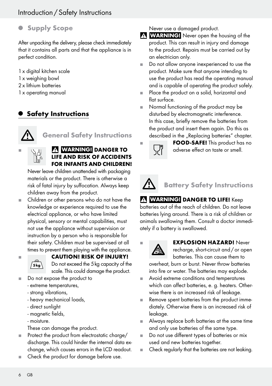 Introduction / safety instructions, Supply scope, Safety instructions general safety instructions | Battery safety instructions | Silvercrest H14271 User Manual | Page 6 / 67