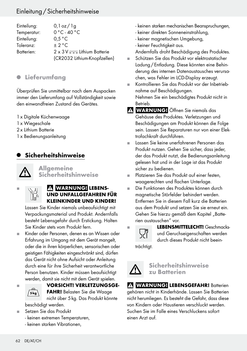 Einleitung / sicherheitshinweise, Lieferumfang, Sicherheitshinweise allgemeine sicherheitshinweise | Sicherheitshinweise zu batterien | Silvercrest H14271 User Manual | Page 62 / 67