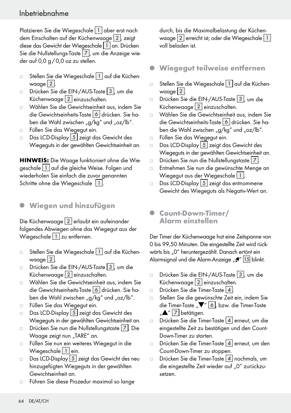 Inbetriebnahme, Wiegen und hinzufügen, Wiegegut teilweise entfernen | Count-down-timer/ alarm einstellen | Silvercrest H14271 User Manual | Page 64 / 67