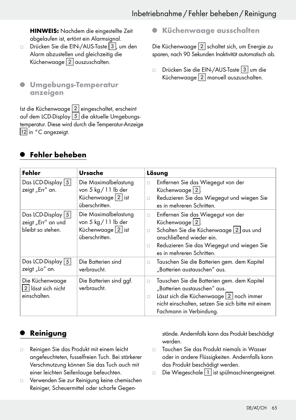 Inbetriebnahme / fehler beheben / reinigung, Umgebungs-temperatur anzeigen, Küchenwaage ausschalten | Fehler beheben, Reinigung | Silvercrest H14271 User Manual | Page 65 / 67