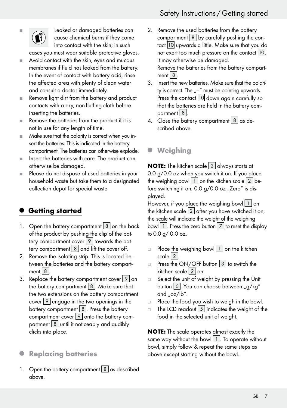 Safety instructions / getting started, Getting started, Replacing batteries | Weighing | Silvercrest H14271 User Manual | Page 7 / 67