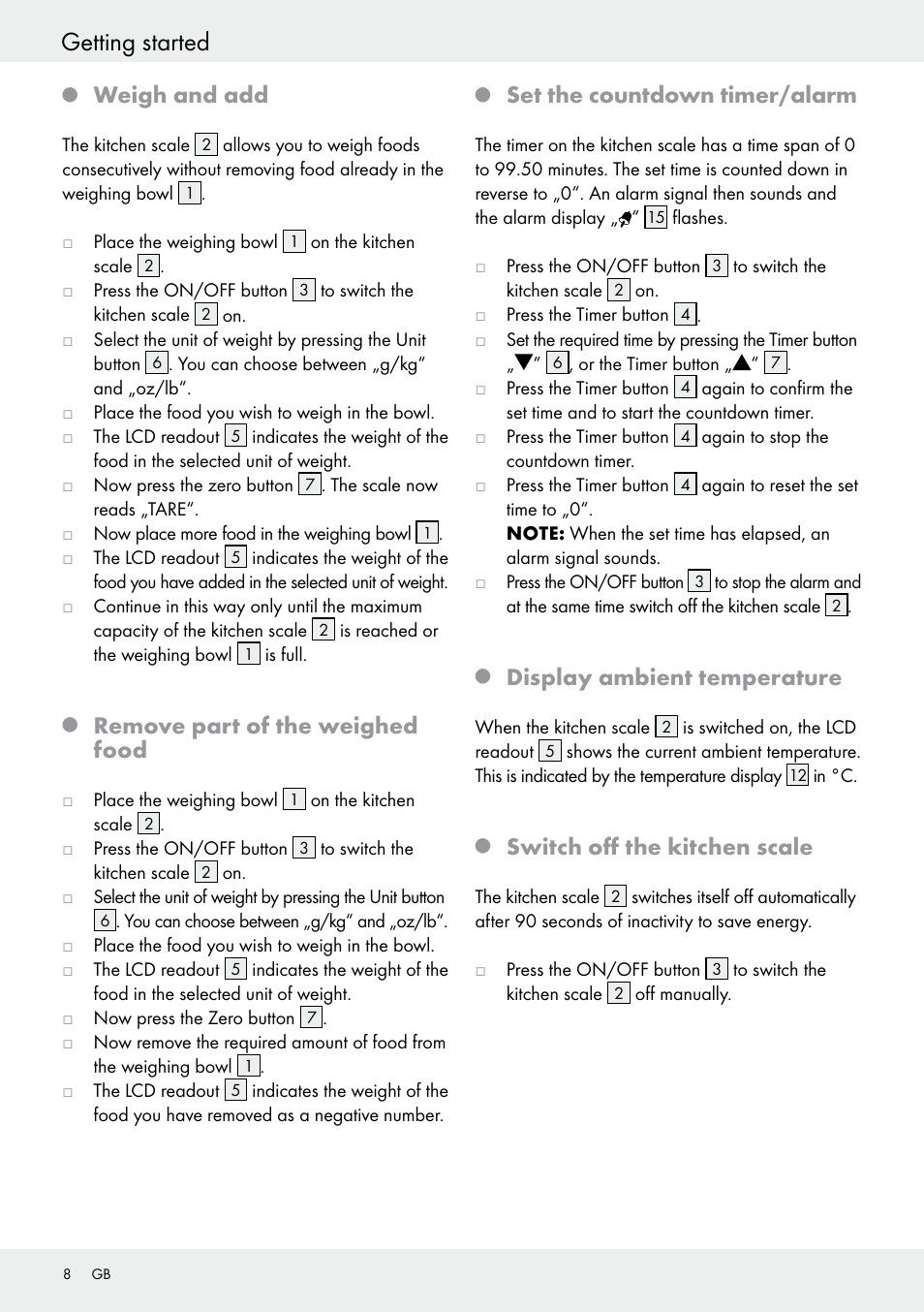 Getting started, Weigh and add, Remove part of the weighed food | Set the countdown timer/alarm, Display ambient temperature, Switch off the kitchen scale | Silvercrest H14271 User Manual | Page 8 / 67