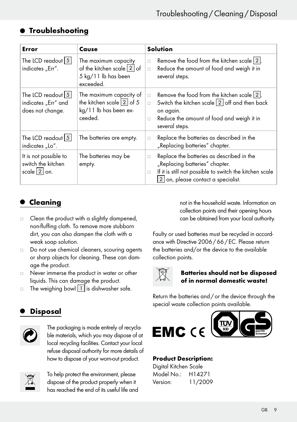 Troubleshooting / cleaning / disposal, Cleaning, Disposal | Troubleshooting | Silvercrest H14271 User Manual | Page 9 / 67