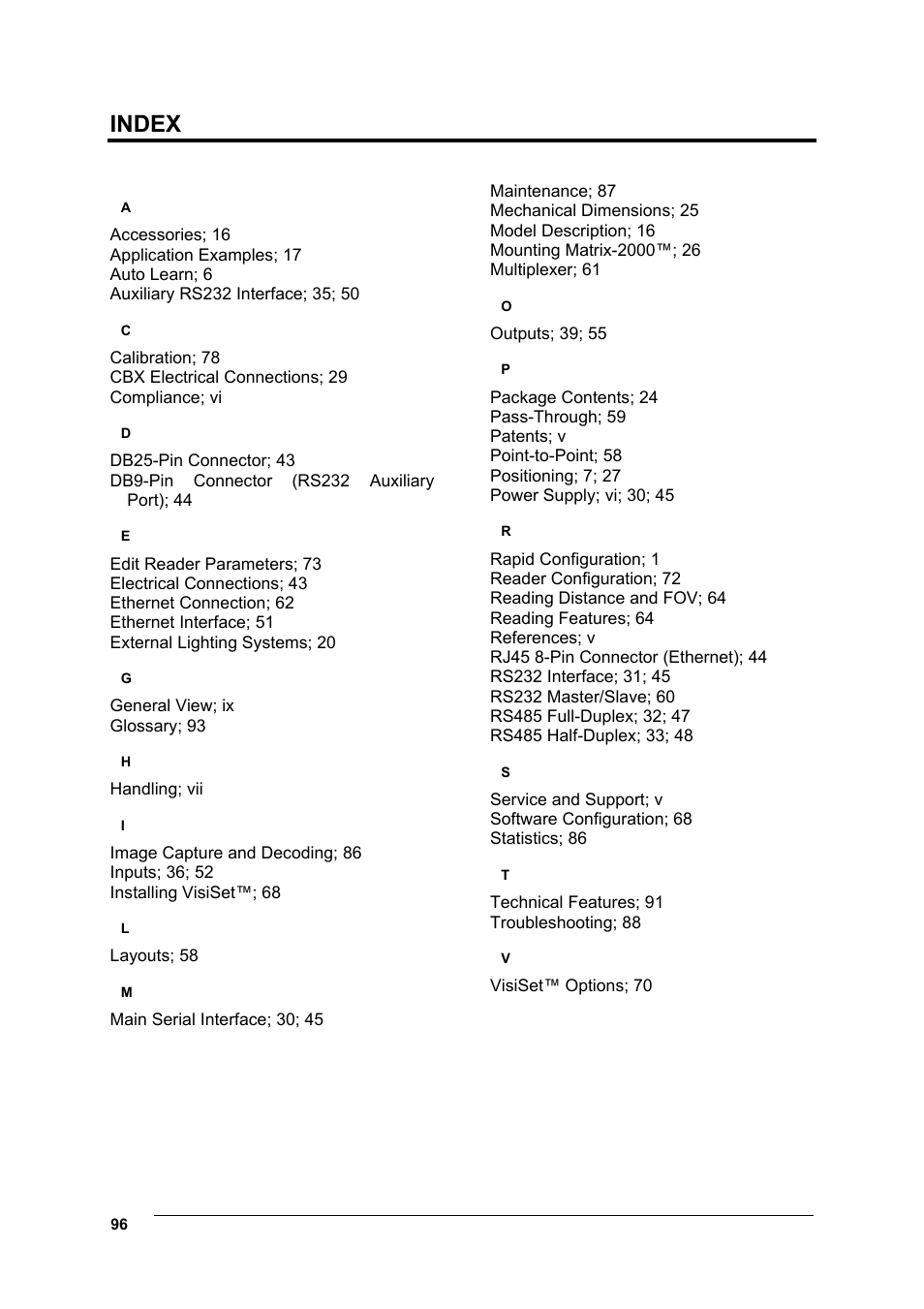 Index | Datalogic Scanning Compact 2D Reader Matrix-2000 User Manual | Page 106 / 108