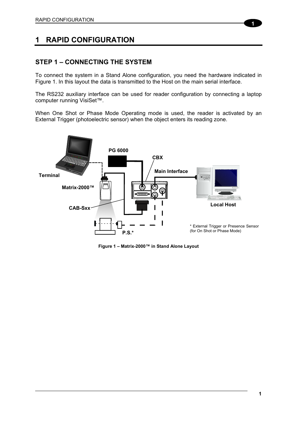 Rapid configuration, Step 1 – connecting the system, 1 rapid configuration | Datalogic Scanning Compact 2D Reader Matrix-2000 User Manual | Page 11 / 108