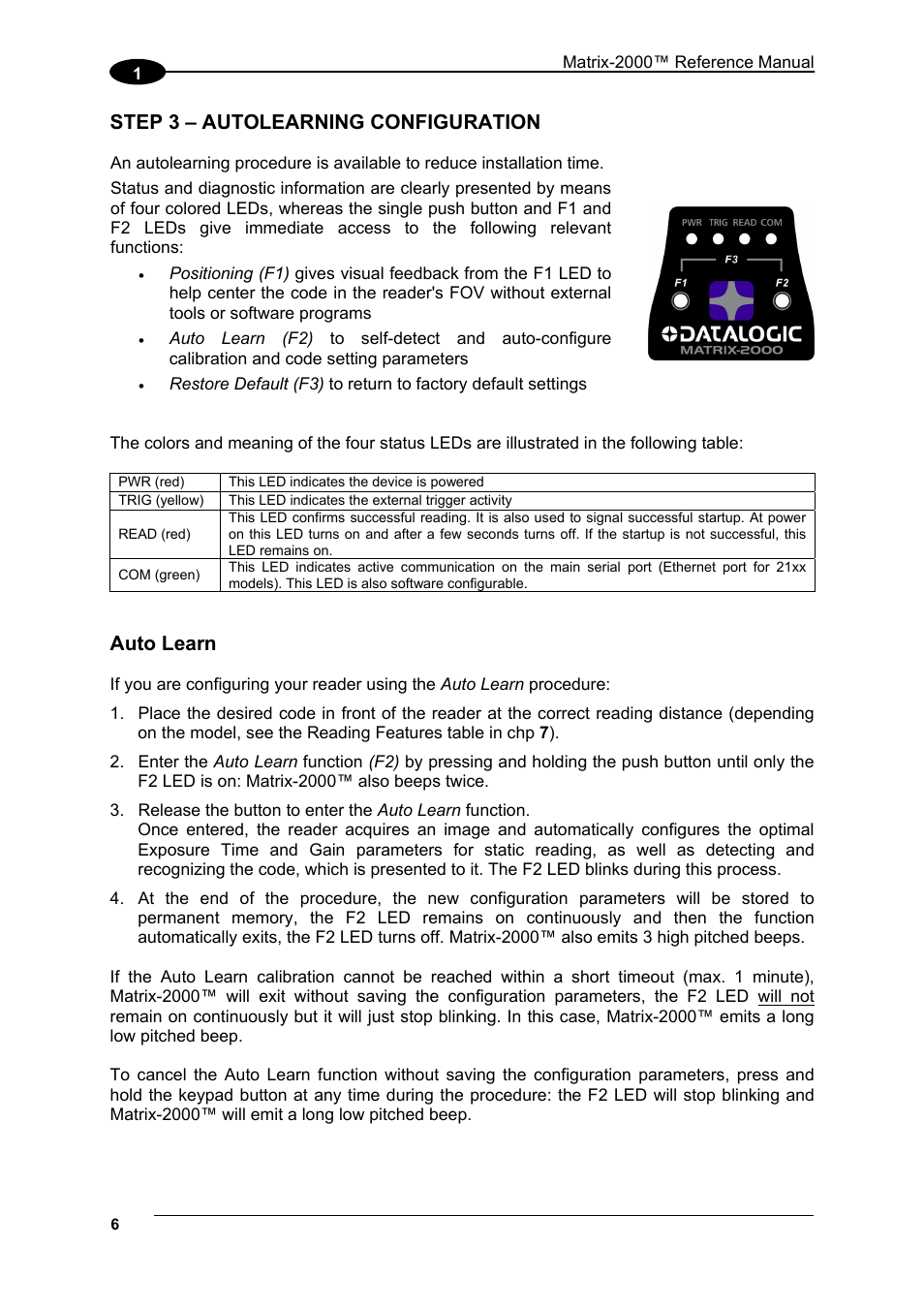 Step 3 – autolearning configuration, Auto learn | Datalogic Scanning Compact 2D Reader Matrix-2000 User Manual | Page 16 / 108