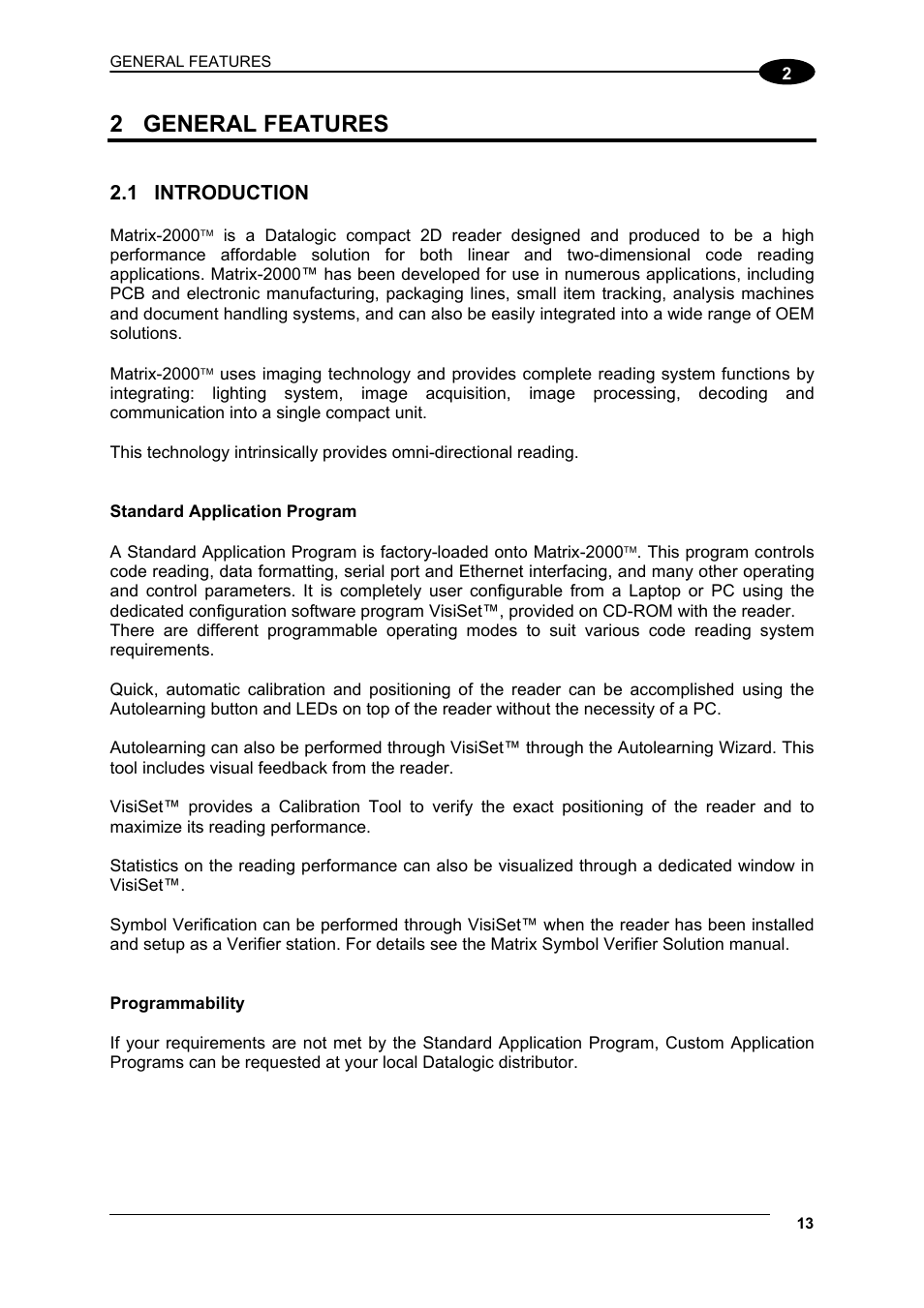 General features, Introduction, 2 general features | Datalogic Scanning Compact 2D Reader Matrix-2000 User Manual | Page 23 / 108