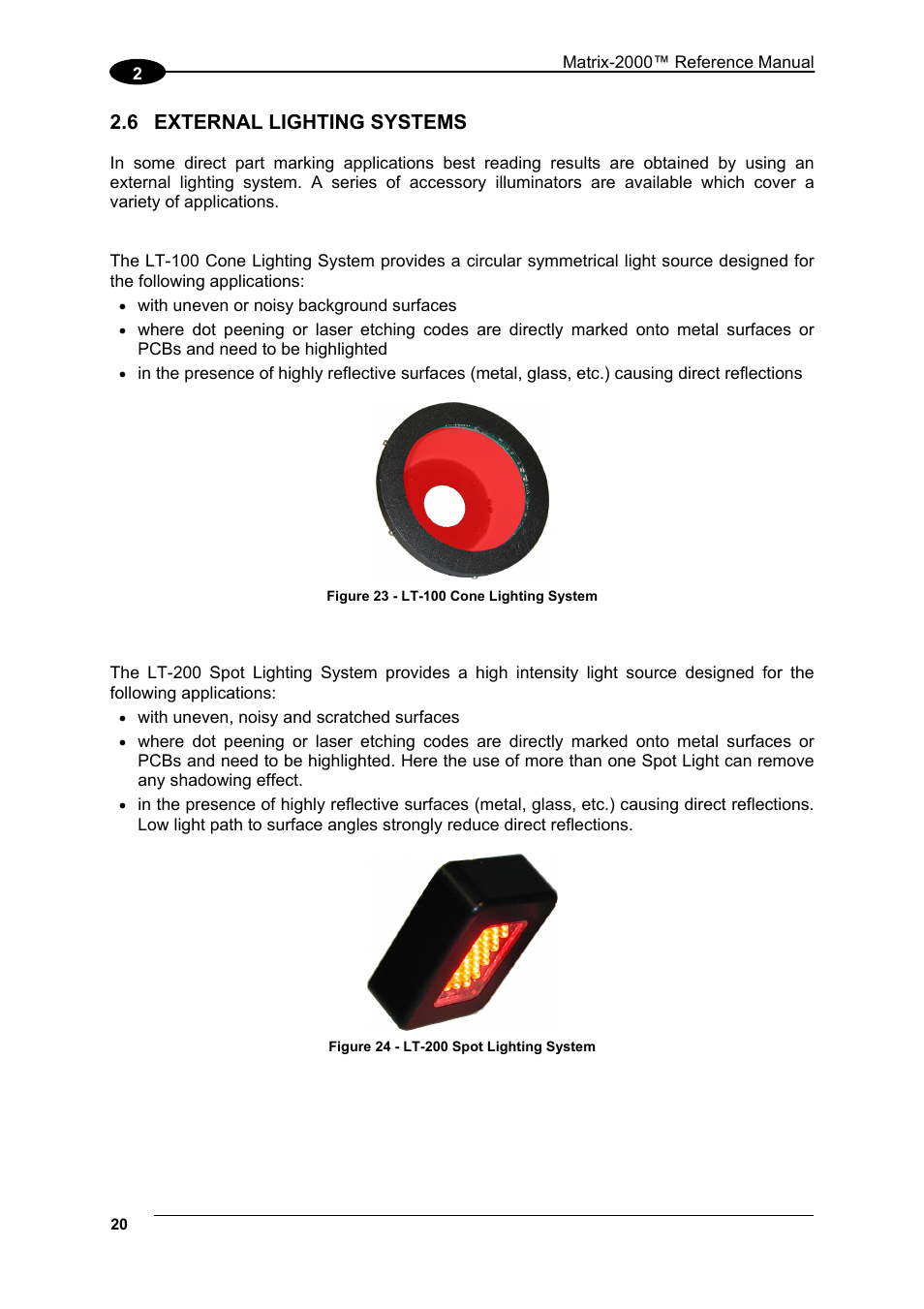 External lighting systems | Datalogic Scanning Compact 2D Reader Matrix-2000 User Manual | Page 30 / 108