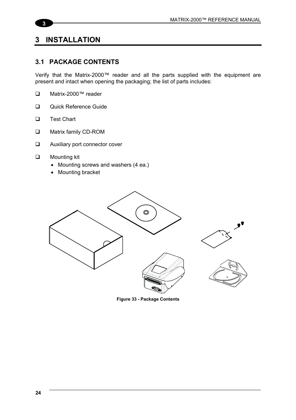 Installation, Package contents, 3 installation | Datalogic Scanning Compact 2D Reader Matrix-2000 User Manual | Page 34 / 108