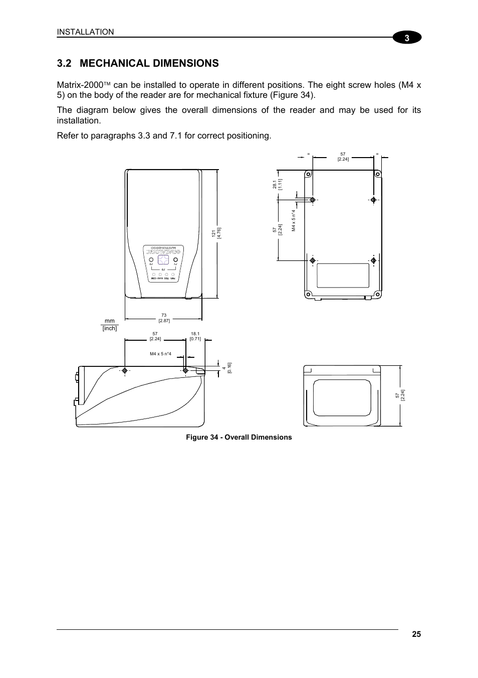 Mechanical dimensions, 2 mechanical dimensions, Installation | Figure 34 - overall dimensions | Datalogic Scanning Compact 2D Reader Matrix-2000 User Manual | Page 35 / 108